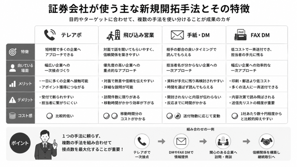 証券会社が使う主な新規開拓手法とその特徴