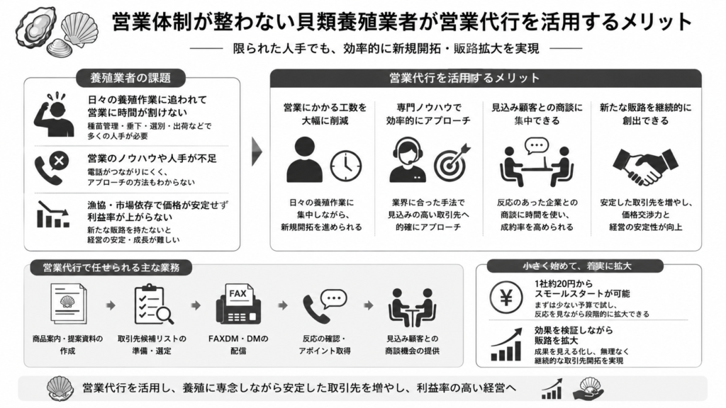 営業体制が整わない貝類養殖業者が営業代行を活用するメリット