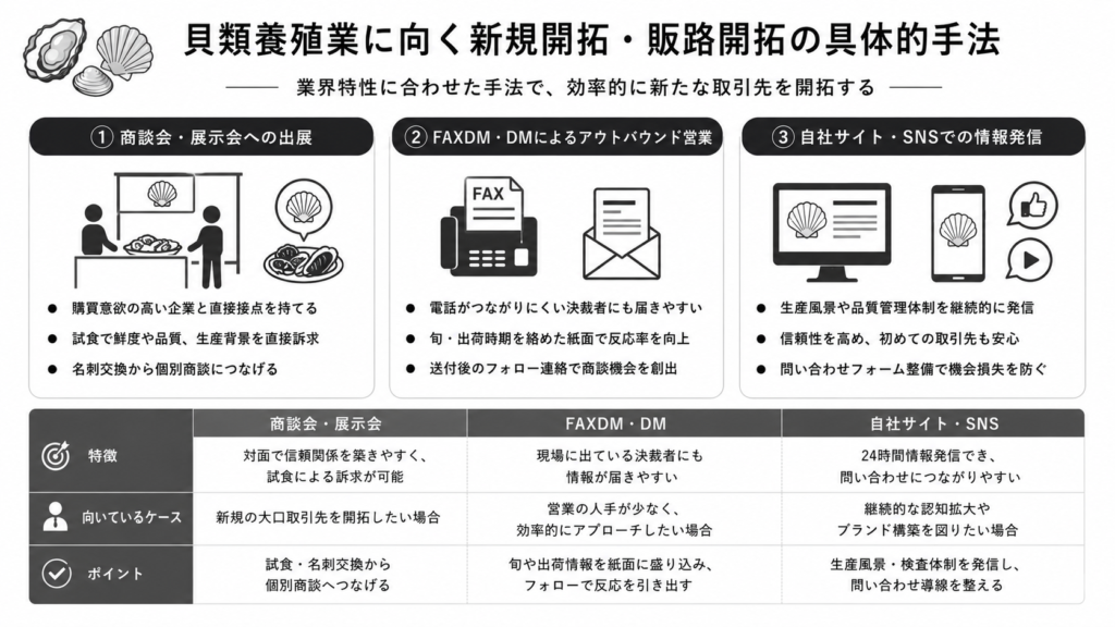 貝類養殖業に向く新規開拓・販路開拓の具体的手法