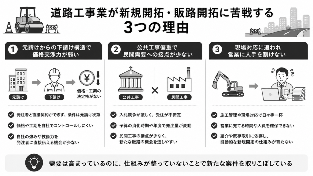 道路工事業が新規開拓・販路開拓に苦戦する3つの理由