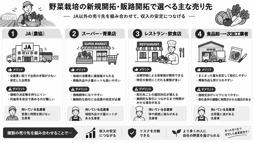 野菜栽培の新規開拓・販路開拓で選べる主な売り先